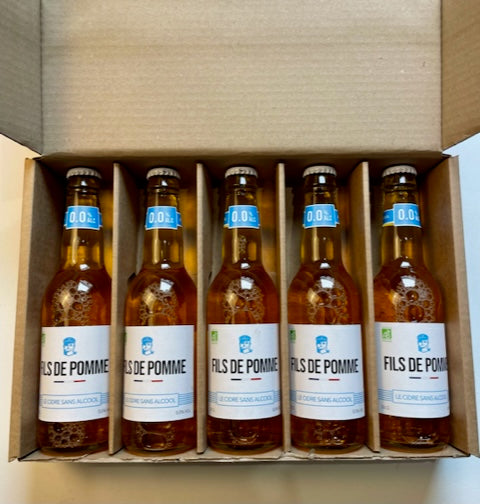 5 bouteilles de cidre sans alcool dans leur coffret